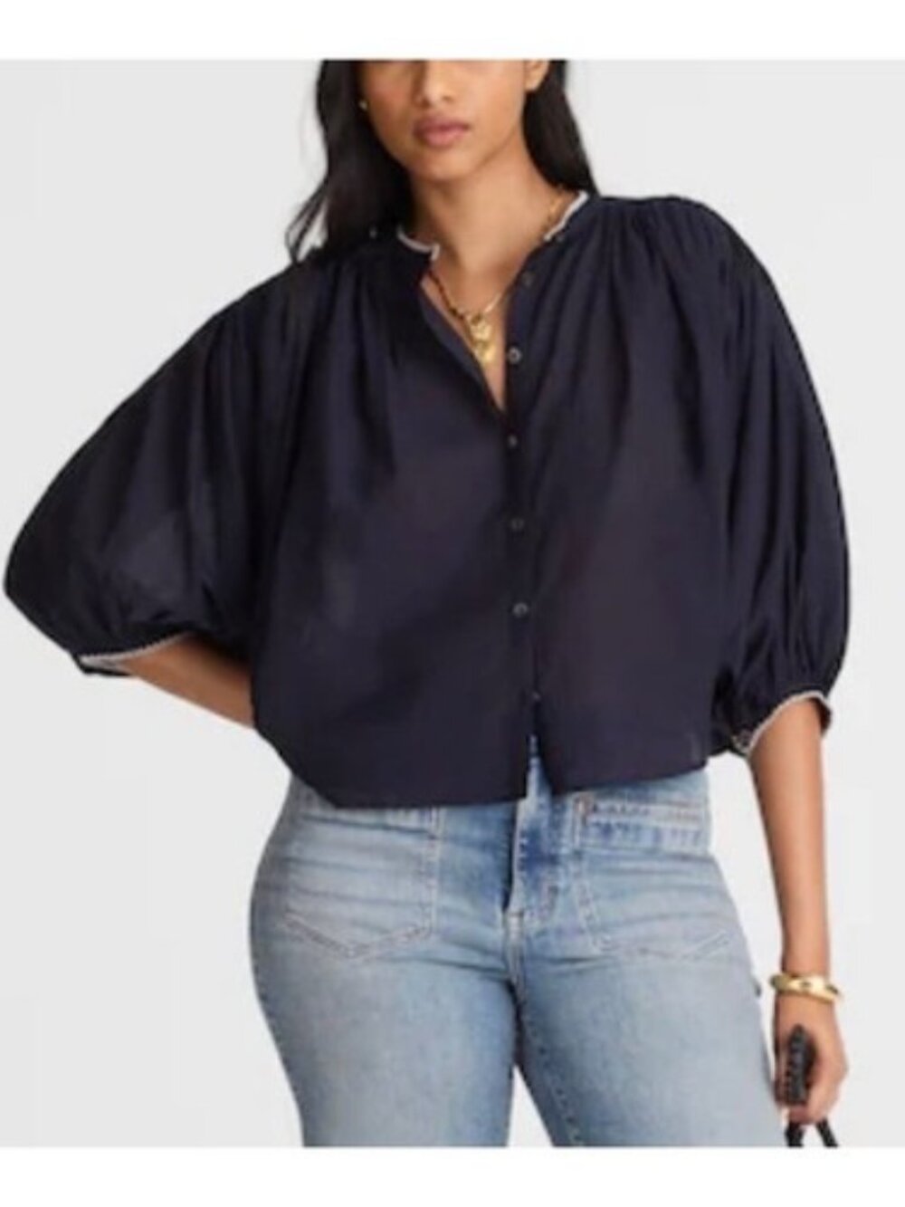 Madewell Balloon 3/4 Sleeve Button Front Navy Lightweight